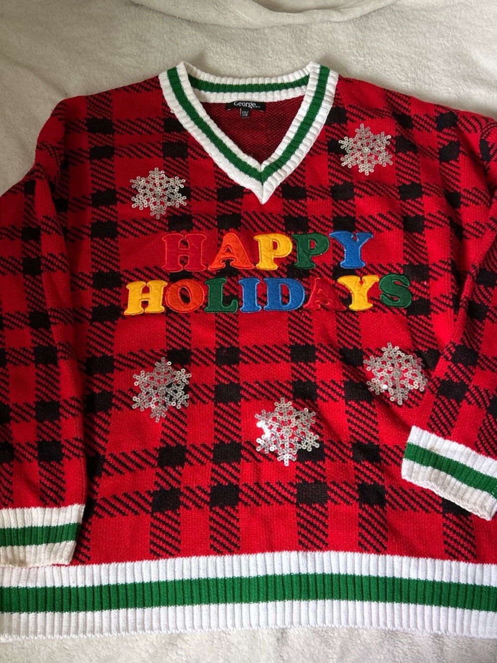 George Red Plaid 'Happy Holidays' Embellished Sweater